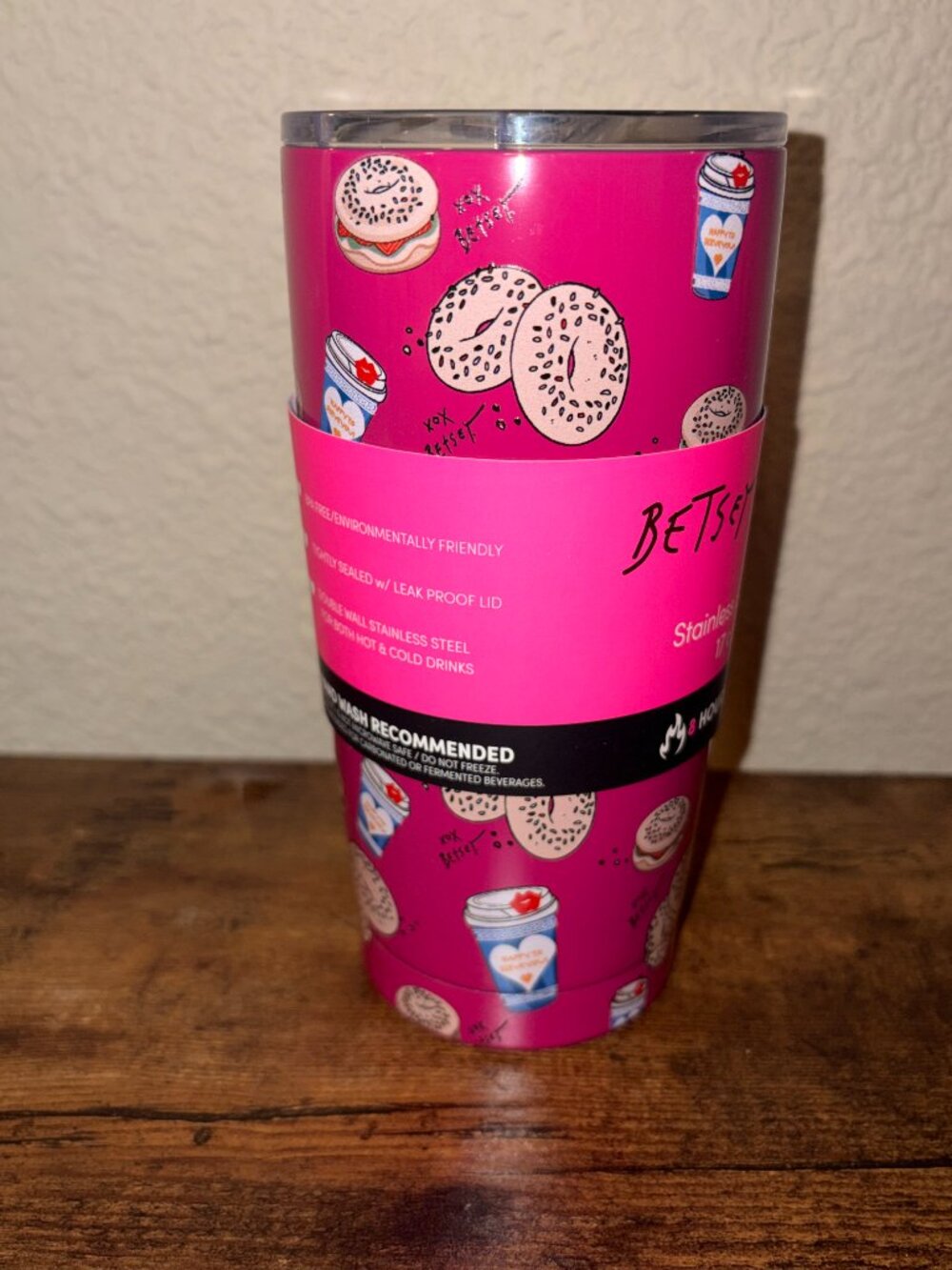 Betsey Johnson Pink Bagel Coffee Tumbler Stainless Steel Insulated 17 oz Travel - Picture 4 of 6